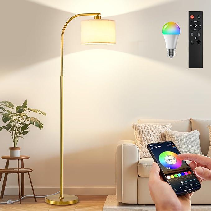 KQW Floor Lamp for Living Room with Remote,Dimmable Tall Standing Lamps,Modern Floor Light with Smart RGB Bulb,App Control,3 Color Temperatures,Fabric Shades,Gold Floor Lamp for Bedroom Office Corner