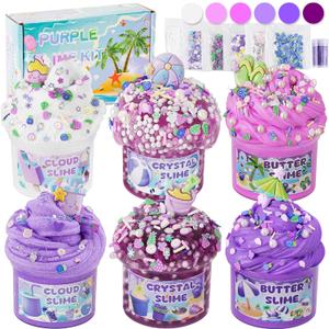 LAWOHO 6 Packs Gradient Purple Slime Kit - Cloud, Butter & Clear Slimes, Crunchy Slimes Kits for Kids with Beach Charms & Add-ins, Party Favors for Girls & Boys, 360ml Soft Non Stick Slime Making Kit