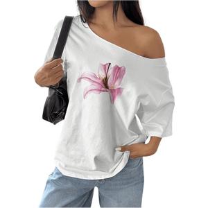 Women's Off The Shoulder Tops Floral Graphic Oversized Tshirts Shirts Y2k Summer Tops Trendy (Yellow, S)