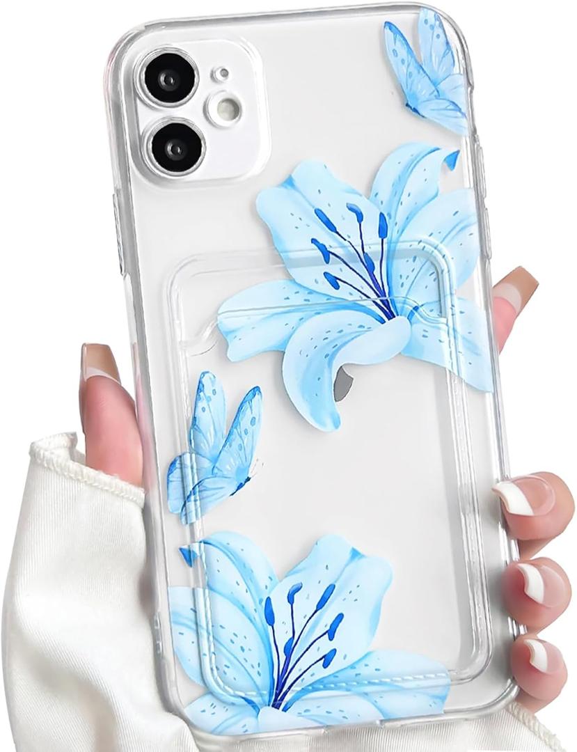 NITITOP Compatible with iPhone 12 Case with Card Holder Clear Cute Floral Lily Flowers Butterfly for Women Girls Soft TPU Shockproof Wallet Case Protective Phone Cover - Blue