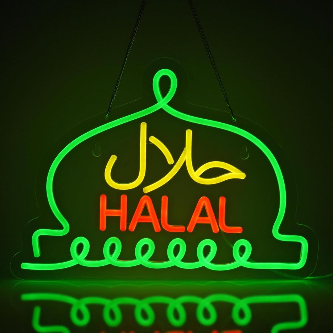 Halal Neon Signs Halal Food Arabic Restaurants Led Light Up Signs for Business Store Wall Decor with Dimmable Switch Christmas Party Gift USB Powered 16.1" x 11.8"