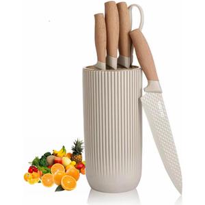 Kitchen Knife Set. 6-Pieces Luxury Wooden Coating, Light Wood Grain Handle, Stainless Steel Non-Stick Sharp Blade Chef Knife Set with Cylindrical Knife Block for Gift (Khaki)