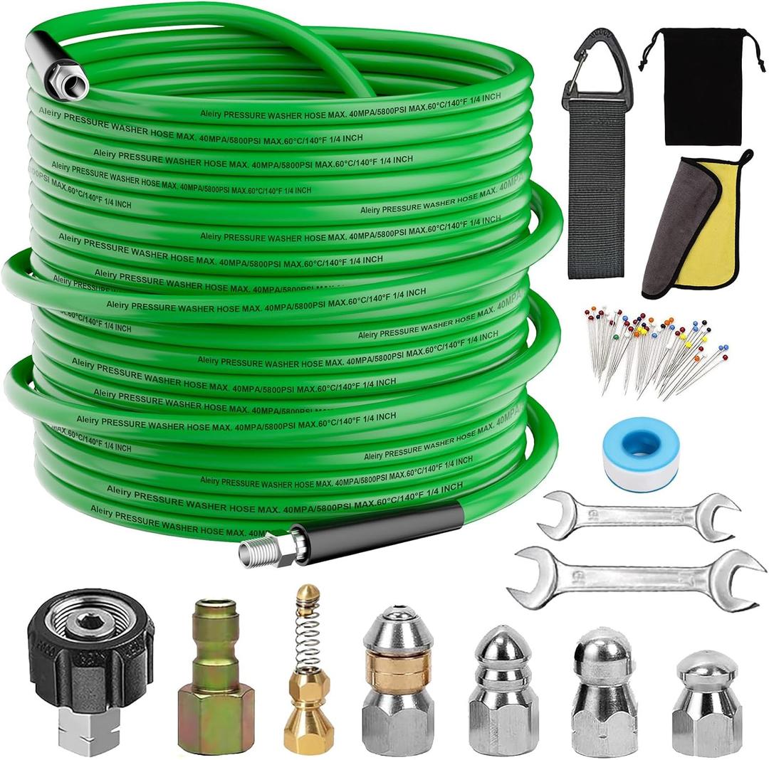 Sewer Jetter Kit for Pressure Washer,Water Jet Drain Cleaning Hose with Corner Rotating Button Spring Nose 1/4" NPT Sewer Cleaning Tool High-Pressure Nozzles,5800 PSI 100 FT (Green)
