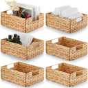 BLUEWEST Water Hyacinth Storage Baskets (Set of 6)  Woven Hyacinth Organizer with Carrying Handles, Laundry Basket for Organizing, Rattan Bin for Shelves (Rectangular Basket_Pack 6_Natural, Natural)