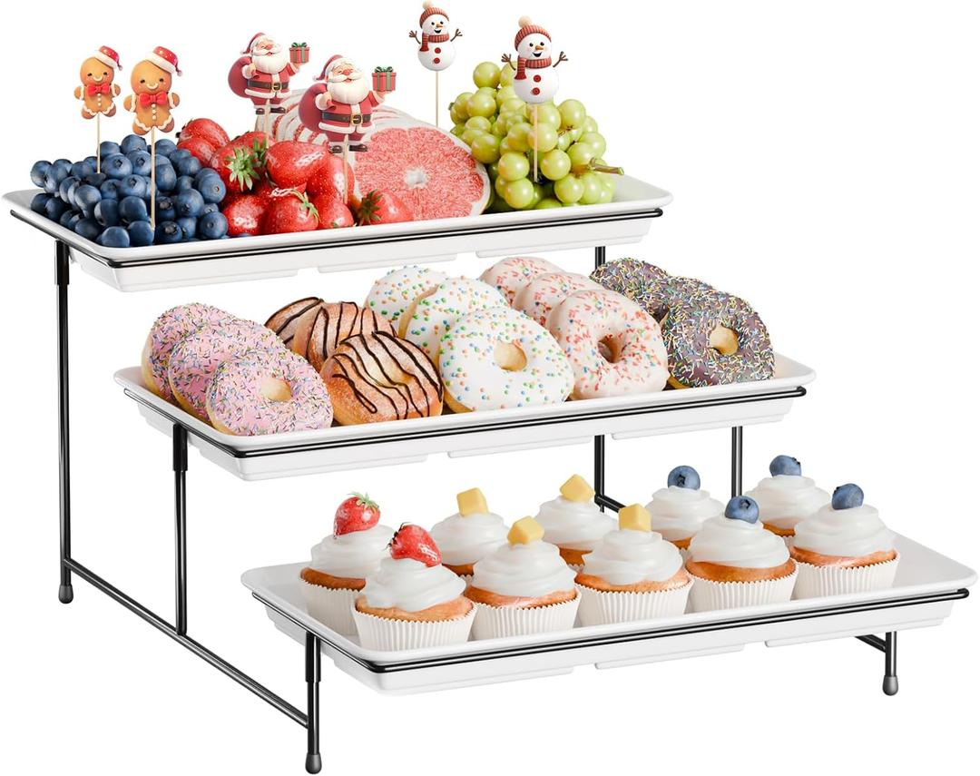 3-Tier Melamine Serving Tray Set, 14"x7" Platters for Serving Food, White Reusable Trays with Black Metal Display Stand for Cupcakes, Sevring Food, Dessert, Fruit, Cookie, Black