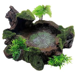 Reptile Feeding Bowl Resin Turtle Food Water Dish Terrarium Tank Decor with Artificial Plants for Lizard Gecko Chameleon Frog Spider