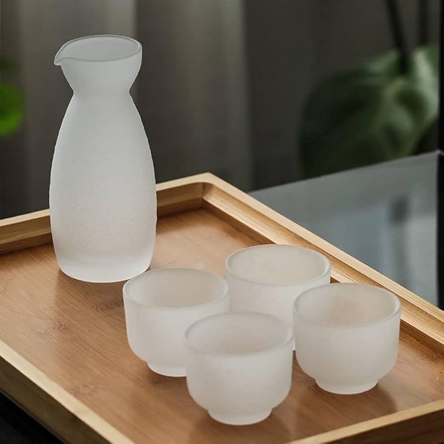 5-Piece Glass Japanese Sake Set Wine Bottle Dispenser Frosted and Translucent Wineware 150ml Sake Glass Pot and 4 Sake Cups
