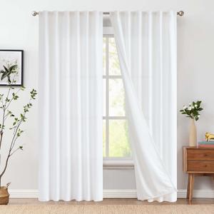 jinchan Linen White Curtains 90 Inches Long for Living Room Farmhouse Rod Pocket Back Tab Light Filtering Window Drapes with Lined for Bedroom Off White 2 Panels