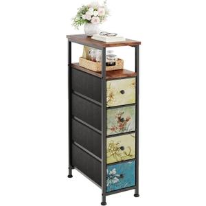 CAIYUN Narrow Dresser Storage Tower with Retro Flowers, Skinny Slim Chest 4 Drawers, Wood Top for Small Spaces, Closet Nightstand, End Table for Bedroom Bathroom Living Room Entryway Home Office Brown (Rustic Brown)