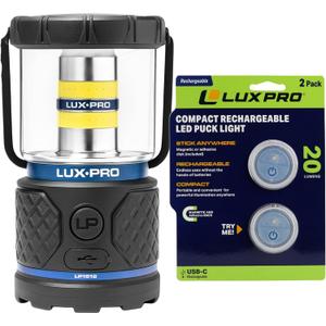 LUXPRO Rechargeable 1100 Lumen LED Lantern + Waterproof Micro LED Rechargeable Puck Lights Bundle  Indoor/Outdoor Emergency & Home Lighting Kit (Lantern + 2-Pack Pucks)