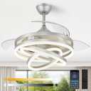 42 Inch Retractable Ceiling Fan, Chandelier Ceiling Fan with Light DC Motor, 3 Color Tempearture, 6 Wind Speed for Bedroom, Living Room and Dining Room, Silver