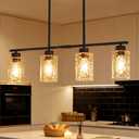 Hammered Glass Dining Room Light Fixture Chandelier Over Table, 4-Light Island Lights for Kitchen, 30" Black Pendant Lights Kitchen Island Lighting, Linear Modern Farmhouse Chandeliers for Dining Room