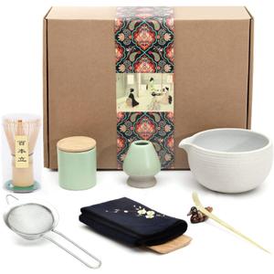 Artcome Japanese Matcha Tea Set, Bowl with Pouring Spout, Whisk, Tea Scoop, Ceramic Whisk Holder, Matcha Powder Caddy, Handmade Matcha Ceremony Kit For Japanese Tea Ceremony (9Pcs)