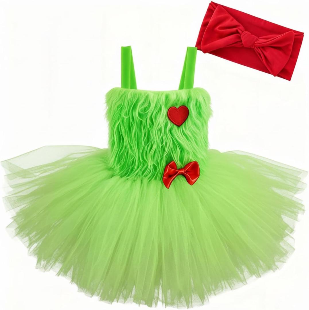 Toulite Green St. Patrick's Day Baby Costume St Patricks Baby Outfit Green Furry Toddler Girl Outfit Fur Romper Red Headband (Large)