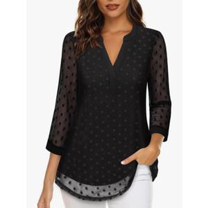 Timeson Women's 3/4 Sleeve Blouses Casual V Neck Dress Shirts Double Layers Mesh Tunics Tops, Size XL
