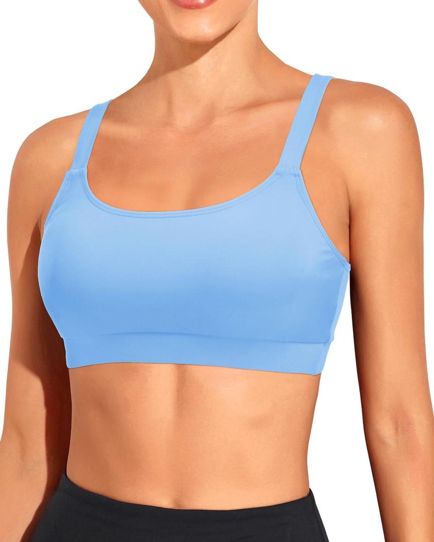 Tempt Me Women Sports Bra Bikini Tops Scoop Neck Bathing Suits Top Padded Swim Crop Tops Only (Large, Light Blue)