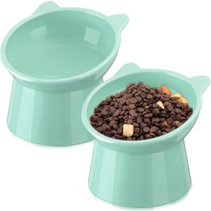 Zhehao 2 Pieces Plastic Raised Bowl Tilted 15 Degrees Elevated Cat Food and Water Bowls Set Anti Vomit Dog Kitten Food Dishes Pet for Cats and Small Dogs(Cat Ears,Green)
