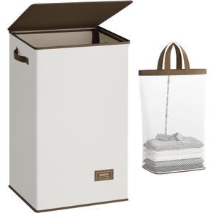 SOLEDI Laundry Hamper with Lid 90L Large & Tall Collapsible Laundry Basket, Clothes Hamper with Bag Removable Easy to Carry, Dirty Hampers for Bedroom, Bathroom, Dorm, College, Beige (Off-White)