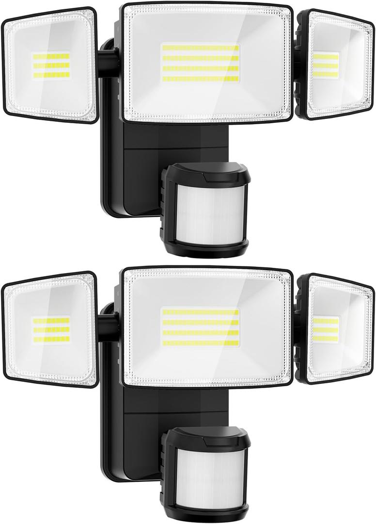 Onforu 2 Pack Battery Powered Motion Sensor Outdoor Lights, 2000LM 6500K Security Flood Lights, IP65 Waterproof Battery Operated Lights with Adjustable 3 Head Motion Detector LED Flood Light