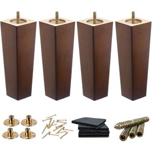 Wood Furniture Legs - 8 inch Sofa Legs Pack of 4 Square Brown Couch Legs, Mid Century Chair Feet, Sofa Replacement Parts, for Dresser, Sideboard, Recliner, Coffee Table