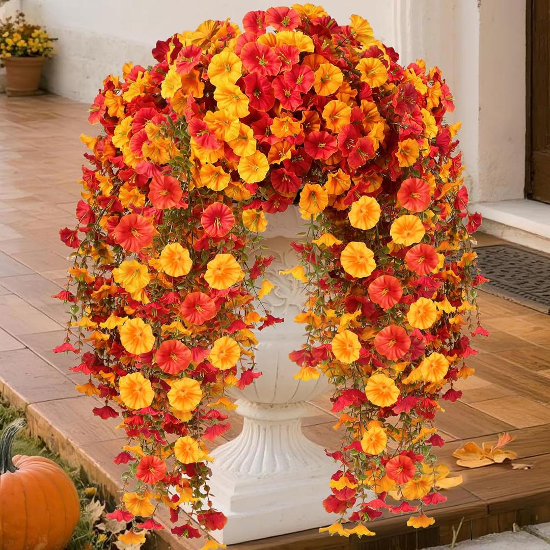 Artificial Fall Hanging Flowers for Outdoors, 2 Pcs Faux Silk Fake Morning Glory Mums for Autumn, UV Resistant Realistic Plants for Home Garden Porch Patio Balcony Planter Yard (2 Pcs Fall 2 Colors)