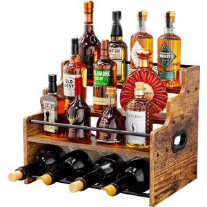 KLM 4-Tier Wood Display Shelf, Black Modern Bottle Organizer, Countertop Bar Stand, for Coffee Syrup, (Brown)