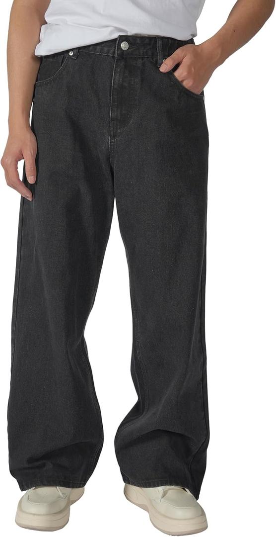 Plaid&Plain Men's Hip Hop Baggy Jeans Casual Wide Leg Y2k Skateboard Vintage Denim Pants Streetwear (Black)