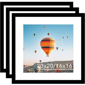 JCJMY 20x20 Picture Frame Set of 3 Black with 16x16 Mat, Display Photo 16x16 with Mat or 20 x 20 Without Mat, Wall Hanging Large 20x20 Poster Frame with Shatter Resistant Plexiglass, 3 Pack, Black
