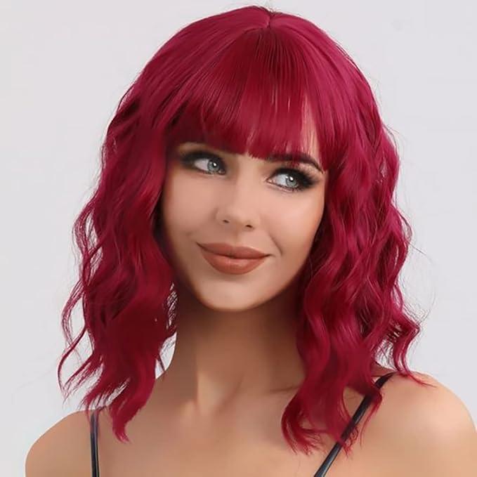 WAVE&BREEZE Short Wavy Red Wigs for Women 14 Inch Curly Wig With Bangs Natural Looking Synthetic Hair Wigs Heat Resistant Fiber Wig for Daily Party (Wine Red)