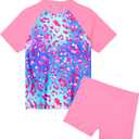 Girls Swimsuit Colorful Short Sleeve Bathing Suits UPF 50+ Rash Guard Set Two Piece Summer Swimwear