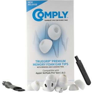 Comply TrueGrip | Premium Memory Foam Replacement Earbud Tips for Apple AirPods Pro 1 & 2 | Enhanced Comfort, Secure Fit, Superior Noise Isolation, Removal & Cleaning Tool | White, Medium (3 Pairs)