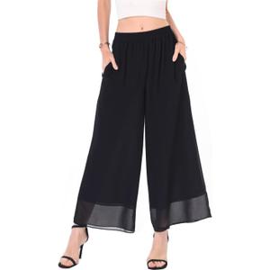 heipeiwa Women's Capris Crop Chiffon Pants Summer Beach Vacation Culottes Casual Dress Wide Leg Palazzo Pants (Medium, Black)