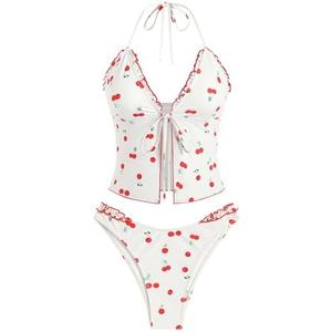ZAFUL Tankini Swimsuits for Women Smocked Ruffles Tie Front Bowknot Textured High Cut Tanga Tankini Set, Large