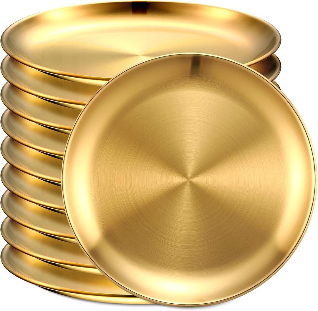 Honeydak 10 Pcs Stainless Steel Gold Plates 8 Inch 304 Metal Dinner Plates Unbreakable Dish Camping Plate Reusable 18/8 Silver Round Plate Non Toxic Dishwasher Safe Double Layers Serving Salad Dessert