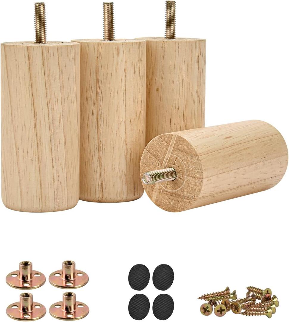 Solid Wood Furniture Legs, 4Pcs Modern Round Wooden Bun Feet Sofa Legs with Threaded M8 Hanger Bolts & Mounting Plate & Screws for Sofa Couch Cabinet Bed(4 inch /10cm,Varnish)