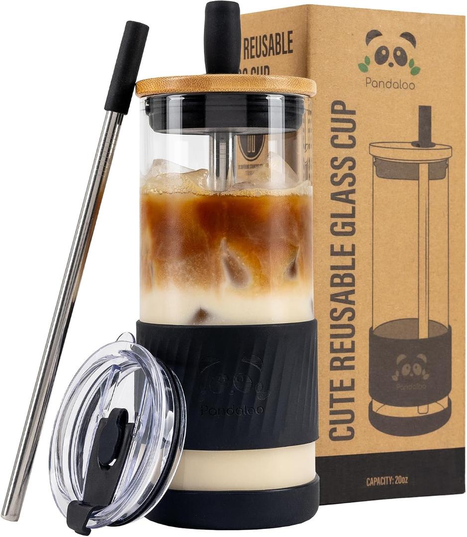 Pandaloo Glass Cups With Lids and Straws -20 Fl Oz- Perfect Size Iced Coffee Cup - Smoothie Cup With Bamboo Lid and On the go Lid - Glass Tumbler With Straw (1 Count (Pack of 1), Black Saphir)