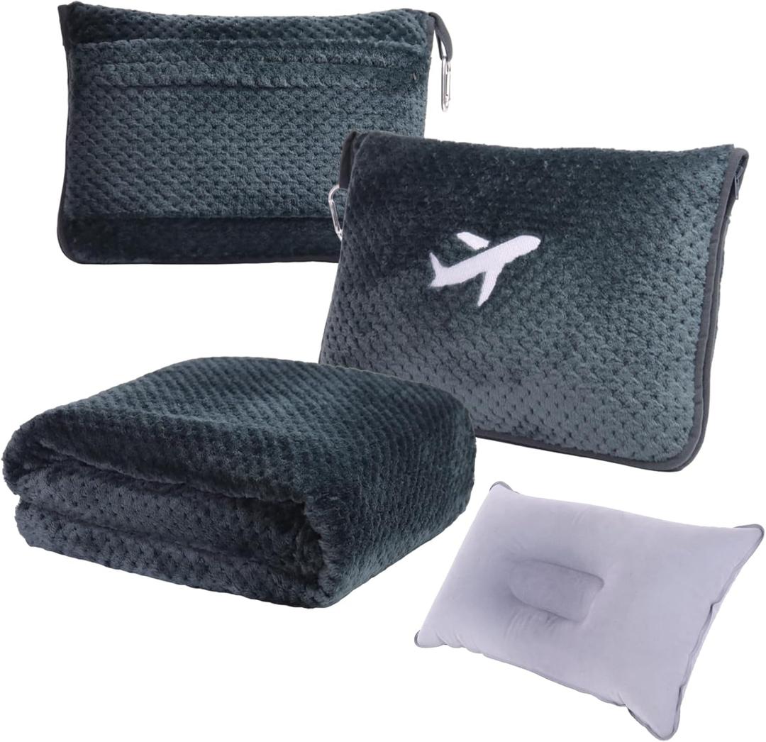 3 in 1 Travel Blanket Pillow Set - 350 GSM Thick Travel Blanket Airplane Compact with Bag, Soft Bag with a Pocket, Inflatable Travel Pillow for Camping & Car Trip (Dark Grey)