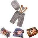 Newborn Monthly Baby Photo Props Stripe Checked Flat Cap Newsboy Suspender Pants Romper for Photography Outfits (Brown, XS)