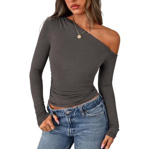 PRETTYGARDEN Womens Off the Shoulder Long Sleeve Shirts | Soft Stretchy Knit Blouse, Slim Fit Asymmetrical Tees, Ruched Going Out Y2K Tops, Spring Fall Trendy Clothes for Date Night (L)