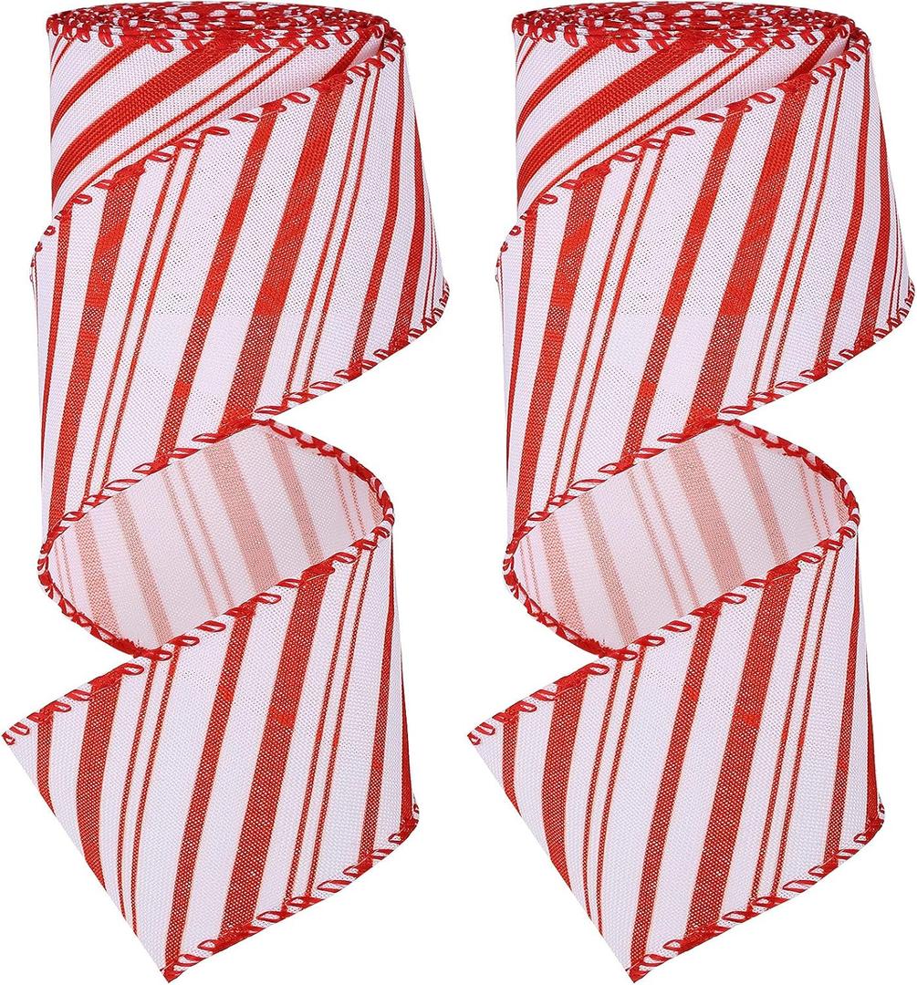 MTLEE 2 Rolls 2.5 Inch x 6 Yard Christmas Candy Cane Wired Ribbon Red and White Stripe Ribbon Christmas Red White Peppermint Decorations for DIY Craft Xmas Tree Wreath Gift Wrapping