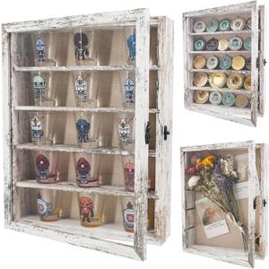 11x14 Display Case with Adjustable Shelves White, 4-Tier Memory Shadow Box for Wall, Deep Wooden Keepsake Display Shelf with Locking Door for Memorabilia, Photos, Medals, Wedding, Home Decor