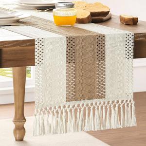 ZeeMart Macrame Style Bicolor Stitching Table Runner, 14 x 108 Inch Brown/Ivory, Boho Neutral Table Runners 108 Inches Long, Farmhouse Woven Home Decor