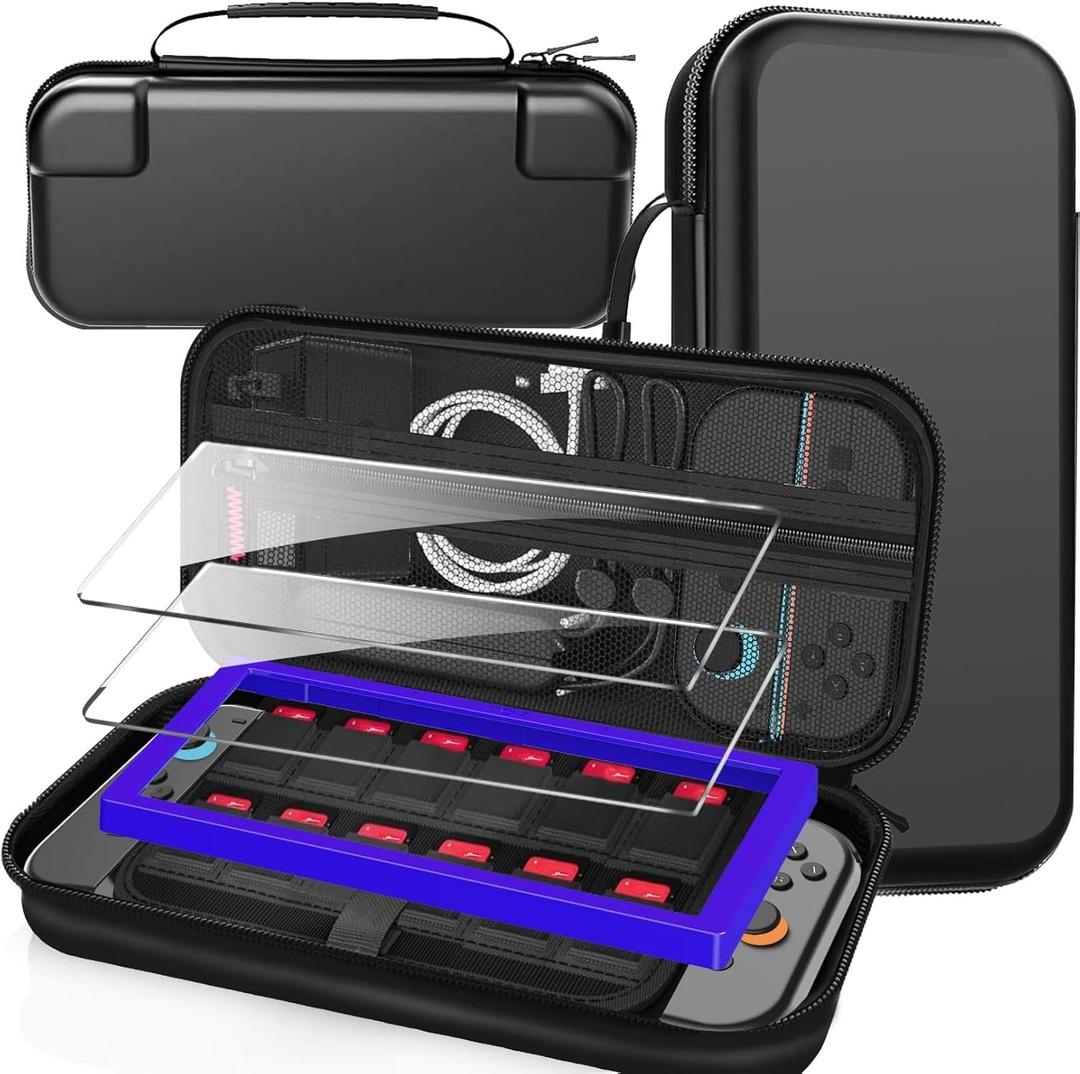 TZGZT [Longest Durable] Travel Carrying Case for Nintendo Switch 2 2025, Large Volume Accessories Bundle Holder, 2 Screen Protector, Hard Protective Cover Estuche Funda with 12 Game Cards, Black