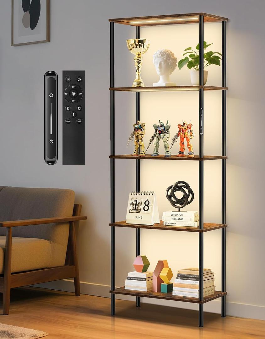 5 Tier Bookshelf with LED Light, Dimmable Bookcase with Touch & Remote Control, 3 Color Temperatures, Tall Modern Display Standing Shelf for Living Room, Bedroom, Home Office (Rustic Brown)