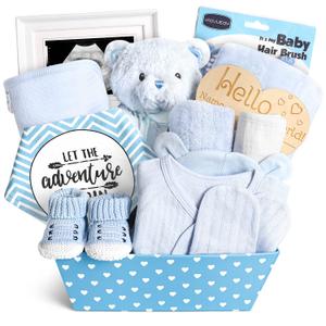 Baby Boy Gifts, Baby Shower Gifts - Newborn Bear Toys Rattle Blanket Infant Shoes Onesie Wooden Keepsake Babies Registry Gift Essentials Basket, Unique New Baby Gift Set for Boys 0+ Months