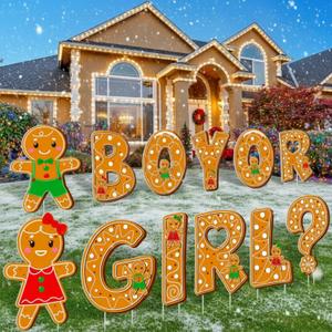 12 Pcs Christmas Gingerbread Gender Reveal Decoration Boy or Girl Yard Signs with Stake Christmas Baby Shower Decorations Gender Reveal Yard Letters Lawn Decor Outdoor Red Green Xmas Party Supplies