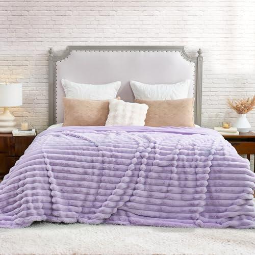Cozy Bliss Faux Fur Throw Blanket for Couch, Cozy Warm Plush Striped Blanket for Sofa Bedroom Living Room, 108 * 90 Inches Lavender