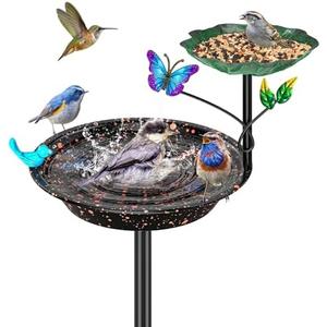 Metal Bird Bath for Outside Garden Birdbath Bowl, Freestanding Bird Feeders for Outdoors with 5 Prongs Base Stake, Standing Birdfeeders Birdbath Bowl for Yard Decor (2-in-1)