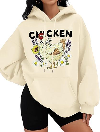 SFHFY Chicken Sweatshirt for Women: Chicken Mom Shirt Lightweight Animal Lover Hoodie Drawstring Country Farm Tops Apricot,XL