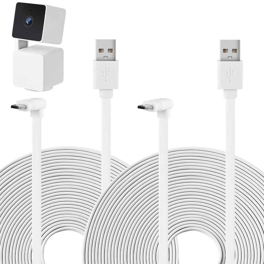 2Pack 25FT/7.5M Power Extension Cable Compatible with WYZE Cam Pan V3, 90 Degree Micro USB Extension Charging Cable for WYZE Cam Pan V3 Continuously, L-Shaped Flat Power Cord-White